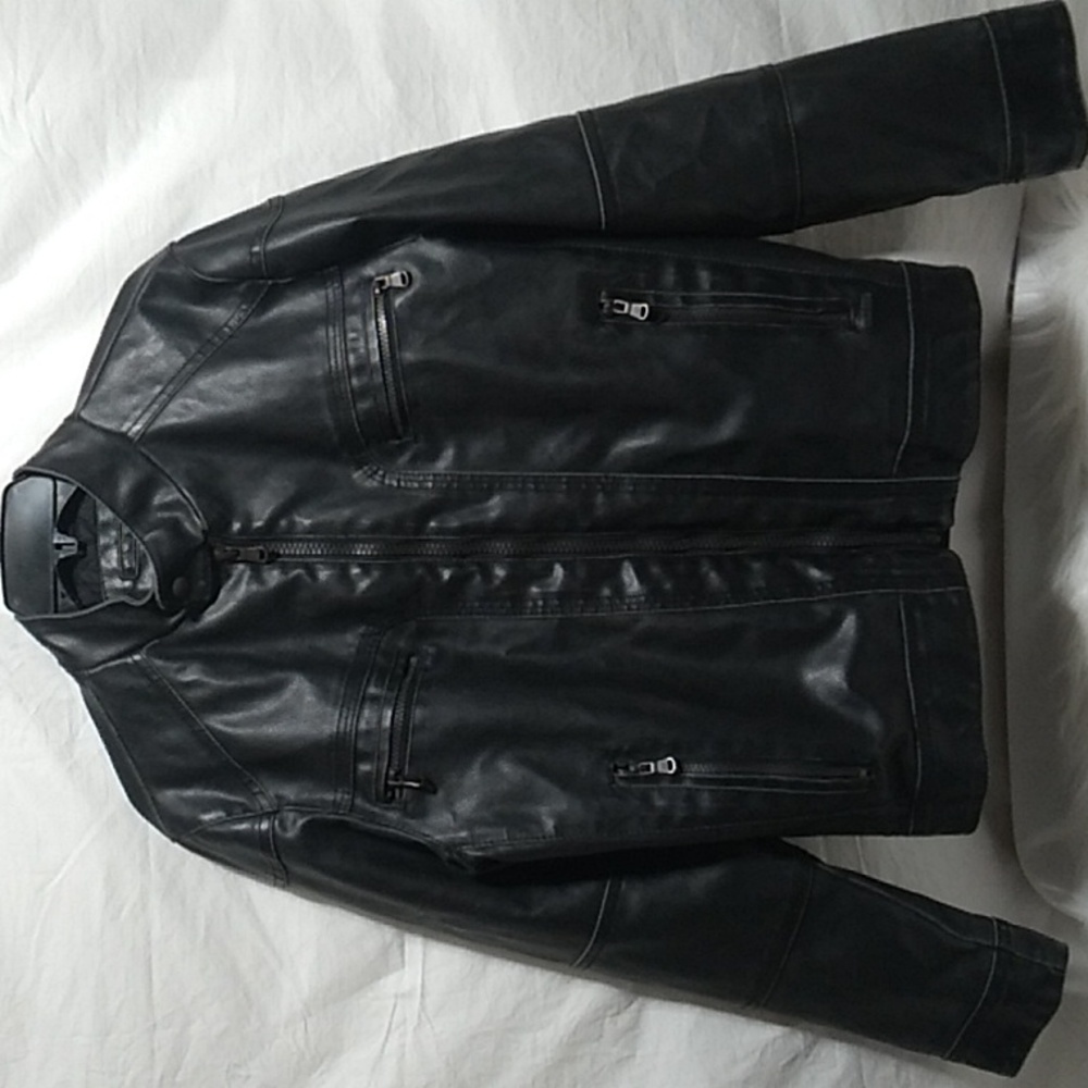 (D-3) Calvin Klein PVC Leather Zip Up Jacket Sz.S Factory Distressed